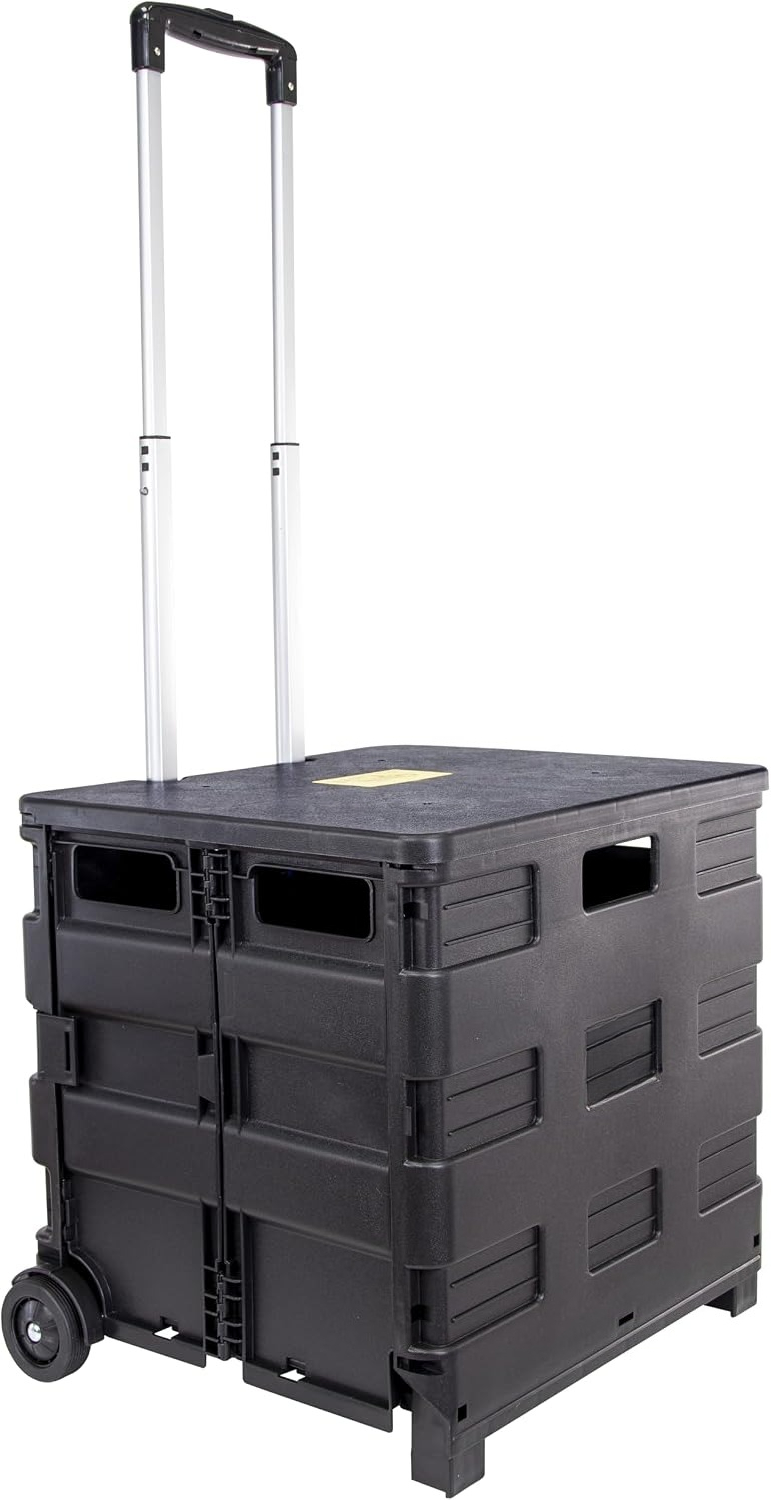 Office Supply Cart - 검정색 헤비 플라스틱 접이식 롤링 크레이트