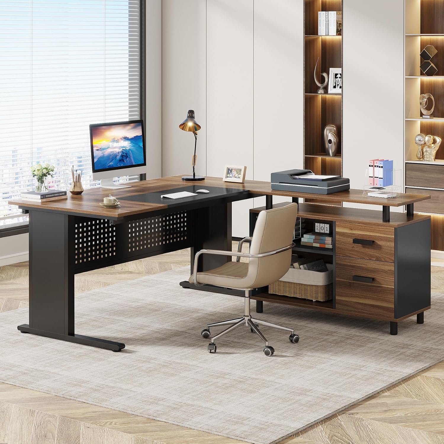 63인치 L자형 임원용 책상(파일 캐비닛, 수납 선반, - Office Furniture Filing Cabinets 리뷰 및 가격